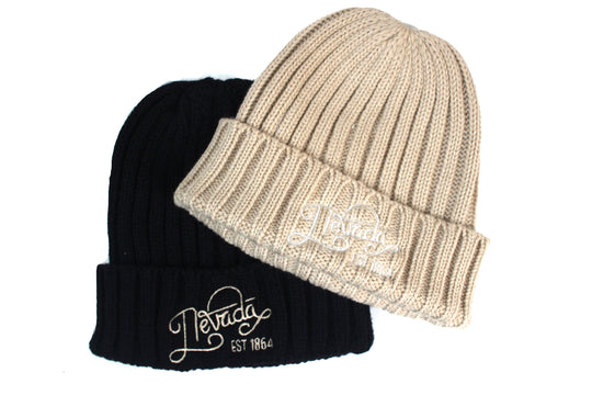 Nevada Script Cable Knit Cuffed Beanie