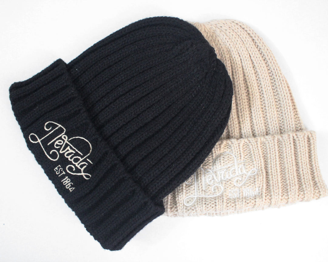 Nevada Script Cable Knit Cuffed Beanie